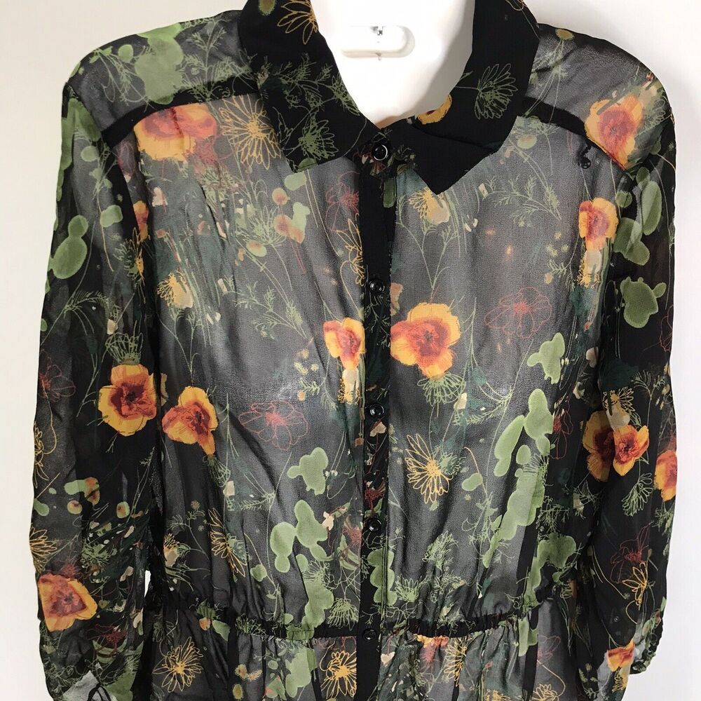 KENSIE SHEER Dress LONG SLEEVE Floral size S black with flowers Boho cottagecore - Picture 3 of 6